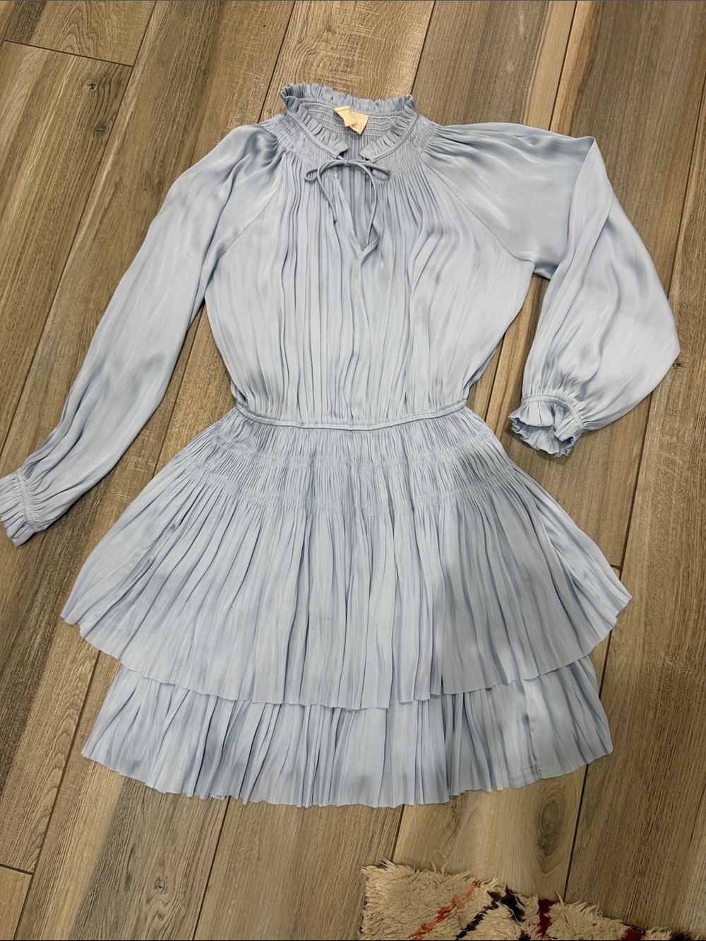 Light Blue Pleated Long-Sleeve Women’s Dress